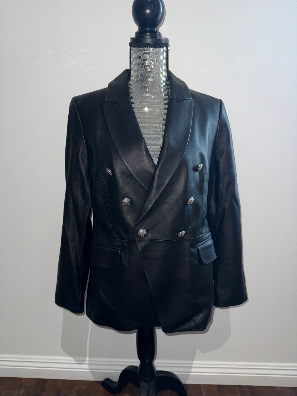 White House Black Market Black Double-Breasted 100% Leather Blazer